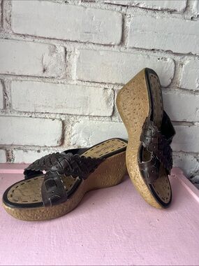 Cherokee cork & faux leather Women’s Brown Woven Leather Wedge Sandals